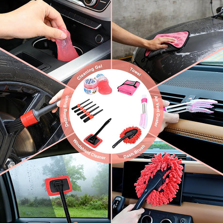 Automotive Tools 15PCS Car Detailing Kit Auto Cleaning Tools Wash Set with Storage Carry Bag Beginners Easy to Use for Interior Exterior Car Care Clean Windshield Dashboard Seat Air Vents Wheels Tires, Red