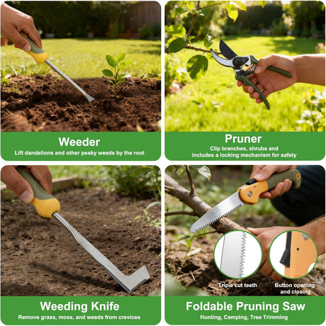 Gardening Tools 9-Piece Heavy Duty Garden Tool Set Gardening Supplies Gifts for Women Men Gardening Hand Tool Kit w Non-Slip Ergonomic Rubber Handle, Durable Garden Bag, Pruning Shears, Green