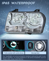 Headlight Assembly Compatible with 2005-2010 Chrysler 300 | 2005-2010 Chrysler 300 Halogen Style OE Factory Replacement Headlights Chrome Housing Headlamp