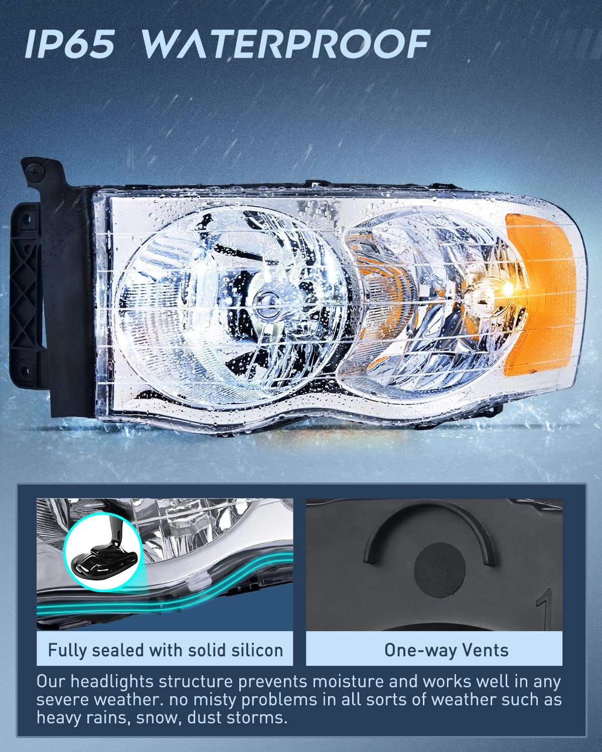 Headlight and Taillight Assembly Combo Compatible with 2002 2003 2004 2005 Ram 1500 2500 3500 Chrome Housing Amber Reflectors Headlamp with Red Tail Light