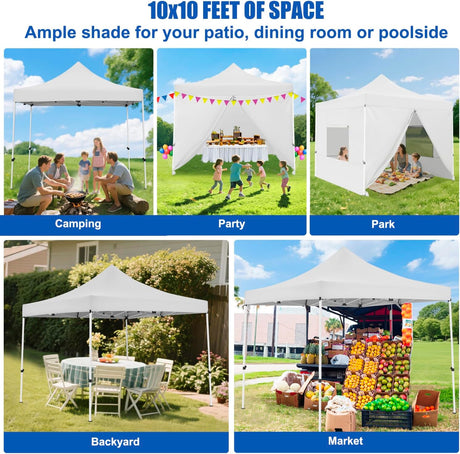 10x10 Pop Up Canopy Tent with 4 Sidewalls Portable Folding Outdoor Canopy Easy Setup Gazebo Waterproof Instant Popup Shelter Tent w Wheel Carry Bag sandbags for Events Parties Camping, White