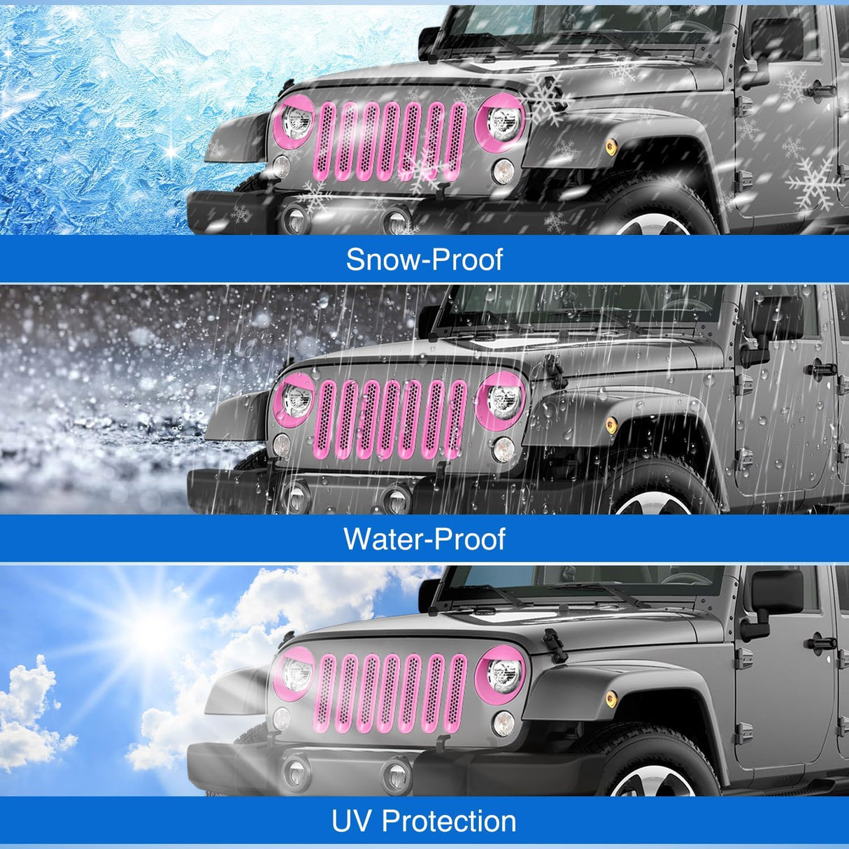 Grill Inserts fit for Jeep Wrangler Front Grille Mesh Inserts & Headlight Cover Set for JK JKU Unlimited Sports Sahara Freedom Rubicon 2007-2018 Clip-in Trim Exterior Accessories Pink 9 Pcs