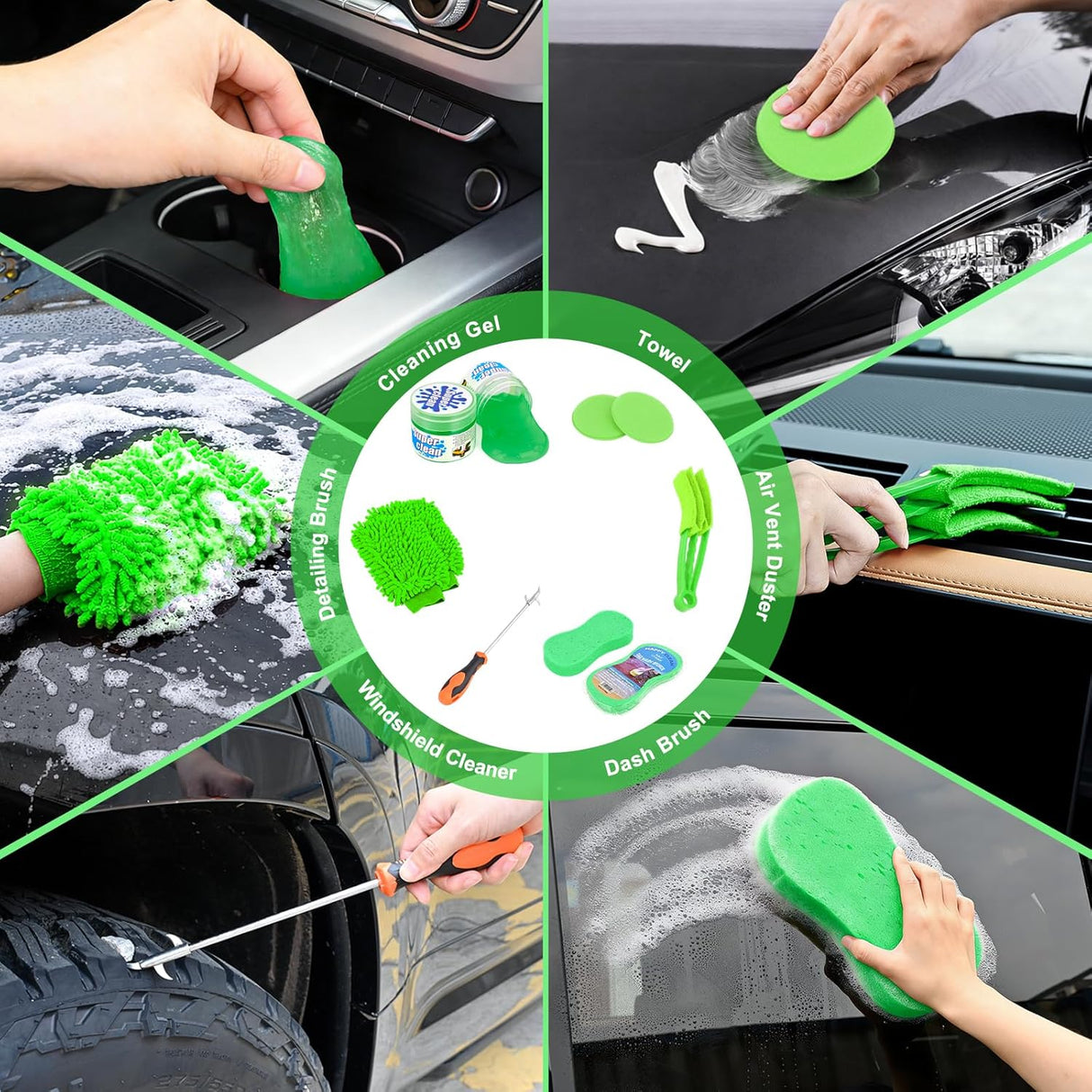 Automotive Tools 37PCS Car Detailing Kit Auto Cleaning Tools Wash Set with Storage Carry Bag Home Use for Interior Exterior Deep Clean Car Care Windshield Dashboard Seat Air Vents Wheels Tires, Green