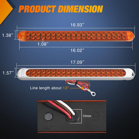 LED Tail Light 2PCS 17 Inch 40LED Amber Running Tail Turn Signals Lights w/Chrome Bezel Waterproof Surface Mount for 12V Towing Trailer Truck RV Camper Boat
