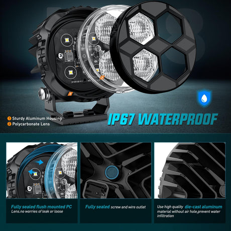 LED Pod Light 2 PCS 3.1 Inch 20W 4 LED Round Hyper Flood Beam Offroad Driving Lights w/18AWG Rocker Switch Wiring Harness Kit for Truck Motorbike Boat ATV UTV