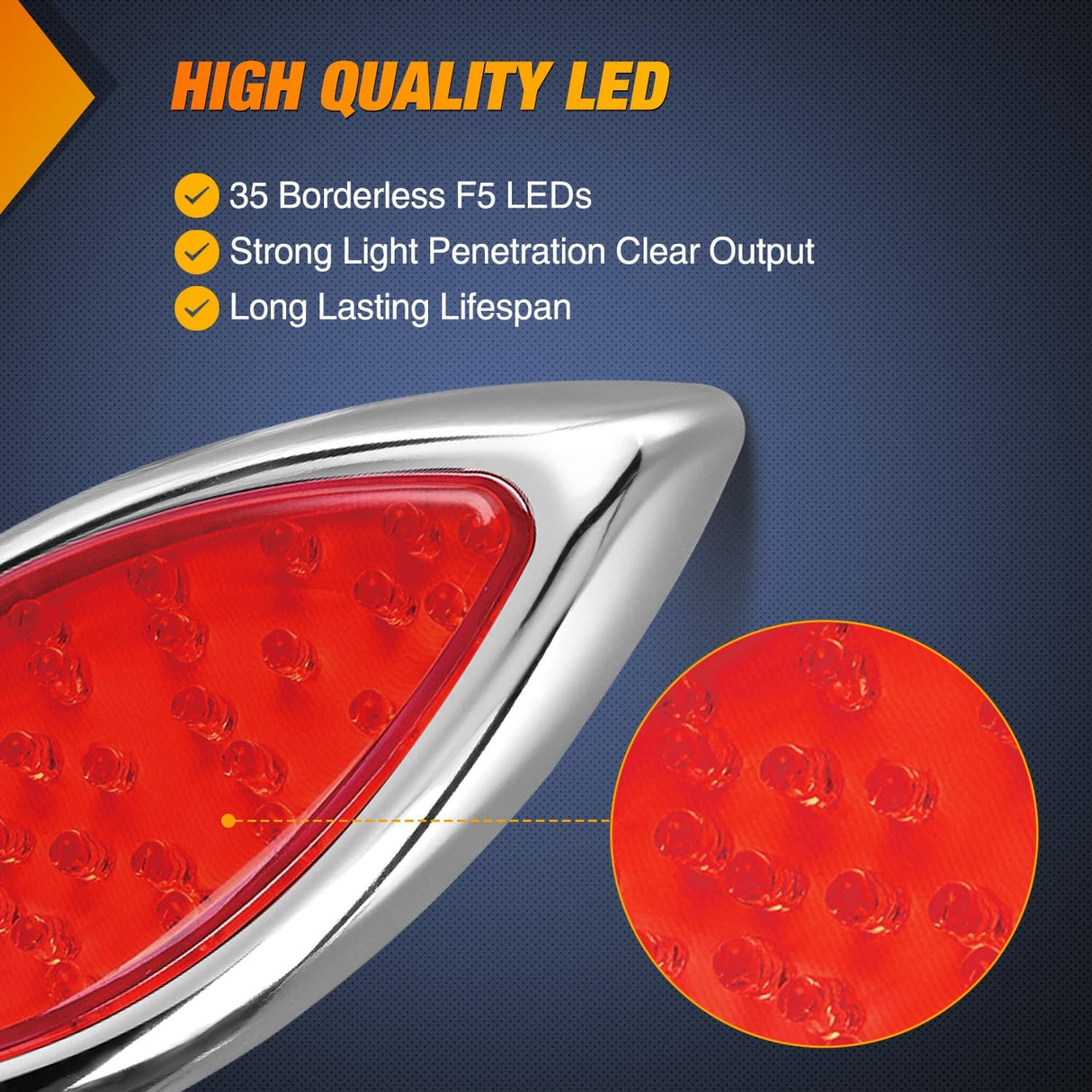 Trailer Tail Lights 2PCS 5.9Inch Teardrop 35LED Red Chrome | Bezel Marker Clearance Stop Brake Turn Signal Running Taillights IP67 Waterproof for Trailer Truck Pickup Camper RV