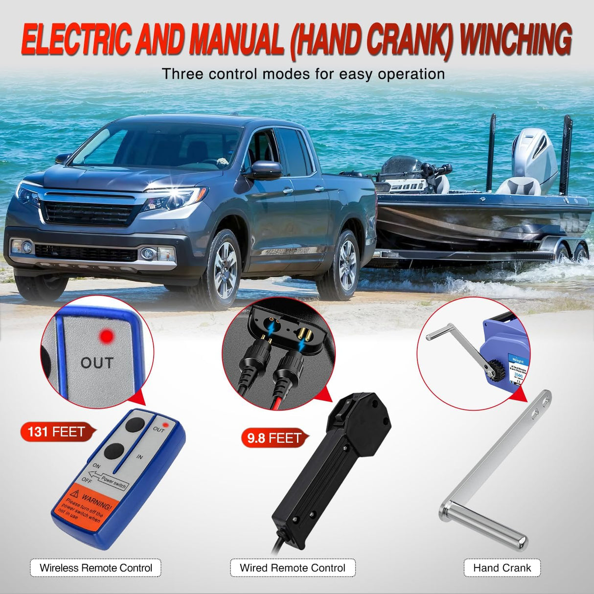 Boat Trailer Winch 3500 lbs Portable Electric Boat Winches 12 V DC Marine Winch with Synthetic Rope Remote Control Hand Crank Power-in Freewheel Waterproof Winch for Boat Trailer Towing, Blue