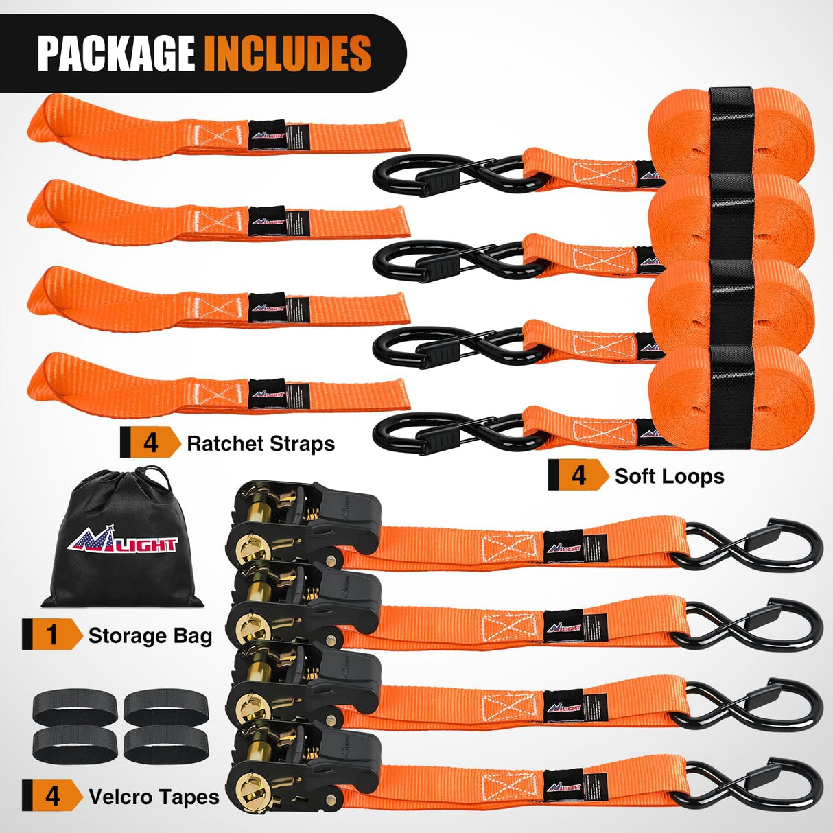 Ratchet Tie Down Straps With Soft Loop Orange Nilight