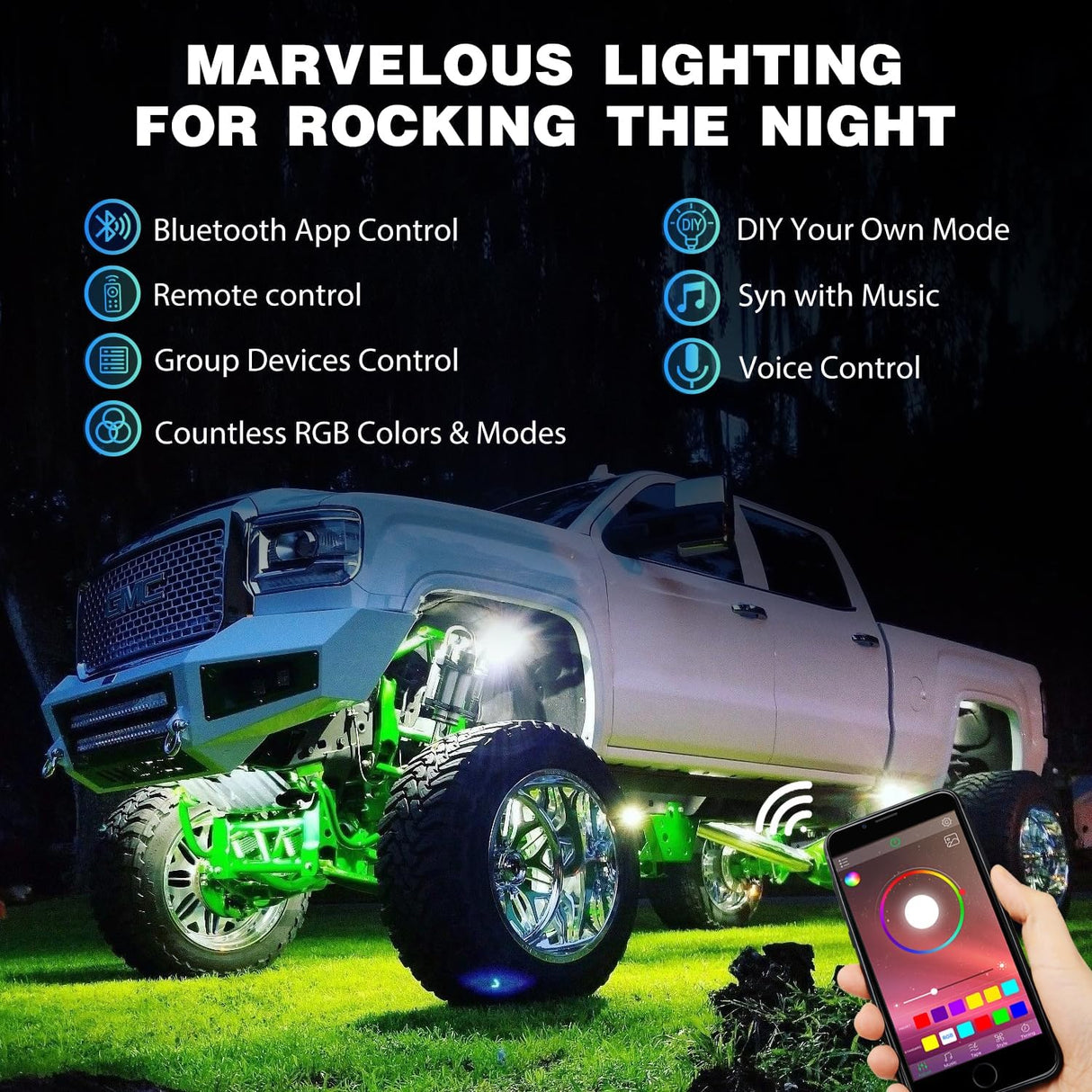 RGB LED Rock Lights Kit 8PCS Bluetooth App Control Multicolor | Magnetic Base Underglow Neon Light Pods IP68 Waterproof Flashing Music Mode for Truck ATV UTV RZR SUV