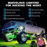 RGB LED Rock Lights Kit 8PCS Bluetooth App Control Multicolor | Magnetic Base Underglow Neon Light Pods IP68 Waterproof Flashing Music Mode for Truck ATV UTV RZR SUV