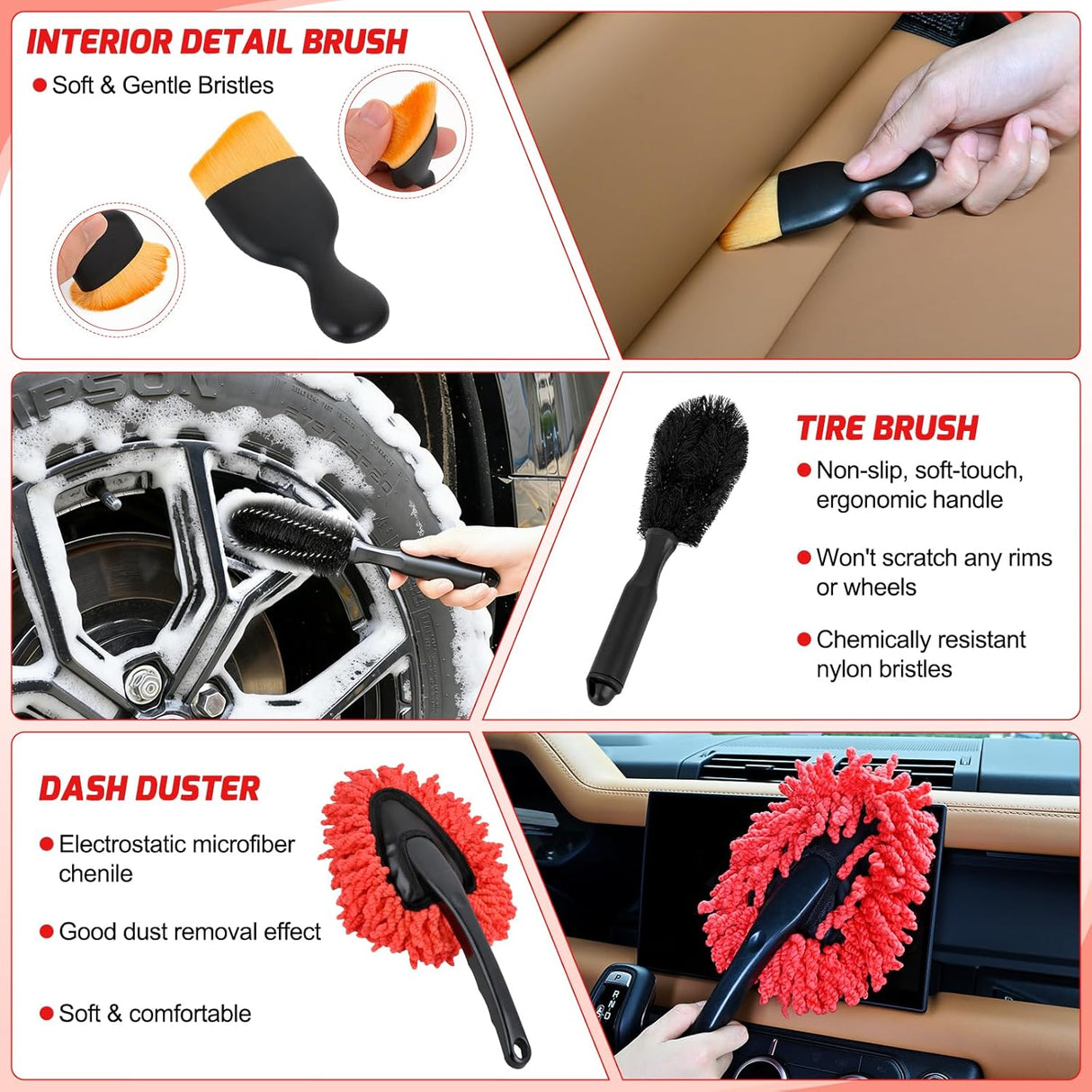 Automotive Tools 37PCS Car Detailing Kit Auto Cleaning Tools Wash Set with Storage Carry Bag Home Use for Interior Exterior Deep Clean Car Care Windshield Dashboard Seat Air Vents Wheels Tires, Red