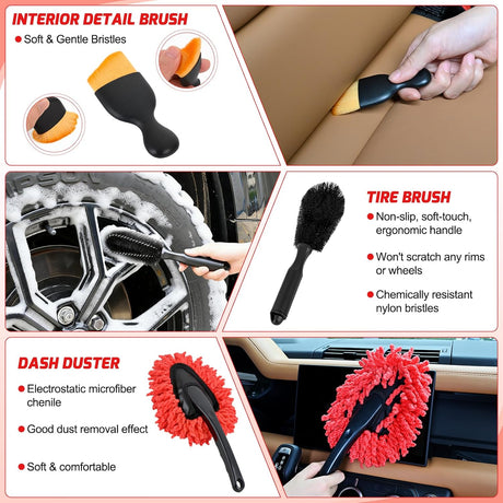 Automotive Tools 37PCS Car Detailing Kit Auto Cleaning Tools Wash Set with Storage Carry Bag Home Use for Interior Exterior Deep Clean Car Care Windshield Dashboard Seat Air Vents Wheels Tires, Red