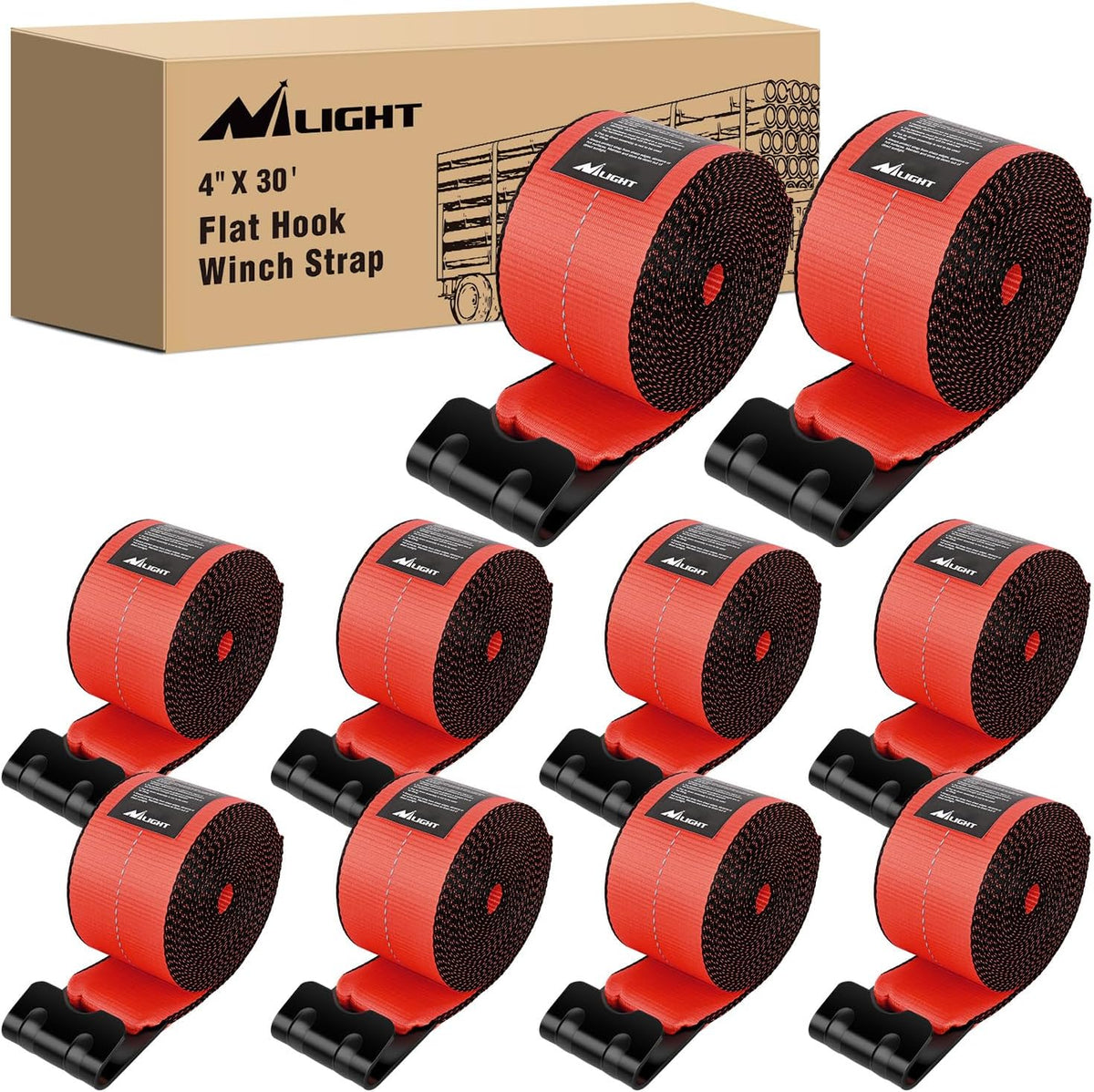 Truck Straps 4 Inch x 30' Heavy Duty Tie Down with Flat Hooks | 16800LBS Break Strength & 5400LBS WLL for Flatbed Trailer Cargo Control Recovery Tree Saver 10 Pack Red