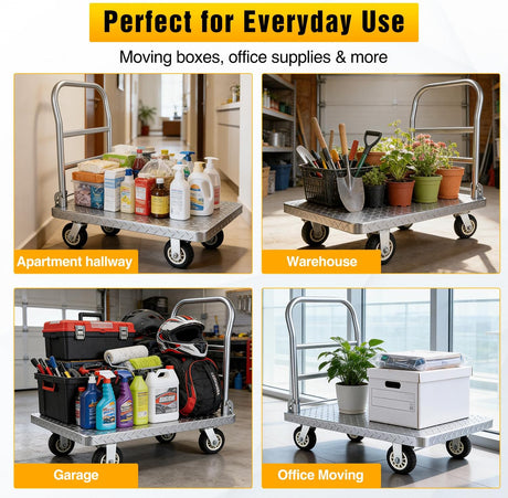 Stainless Steel Platform Cart 1320 lbs Heavy Duty Flatbed Push Dolly with 5 Inch Rubber Wheels 36 x 24 Inch Platform Truck for Warehouse Industrial Use Black