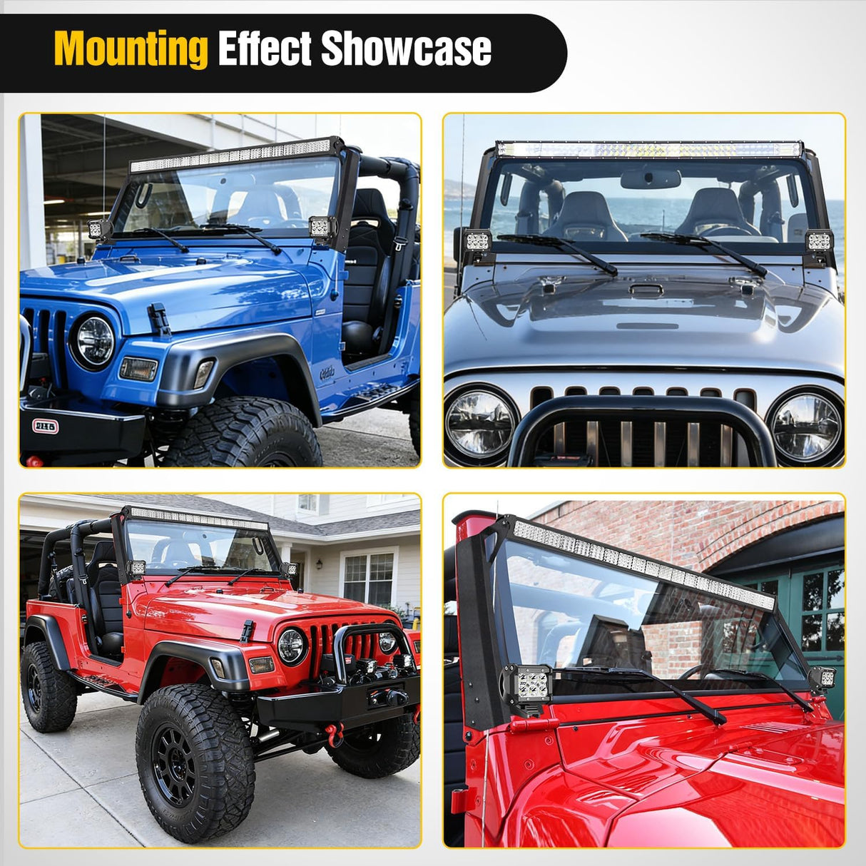 52inch Light Bar Windshield Frame Mounting Brackets for Jeep Wrangler TJ 1997-2006 No-Drill A-Pillar Light Mount for Pod Lights, Heavy Duty Steel Off-Road LED Light Bar Dual Mount