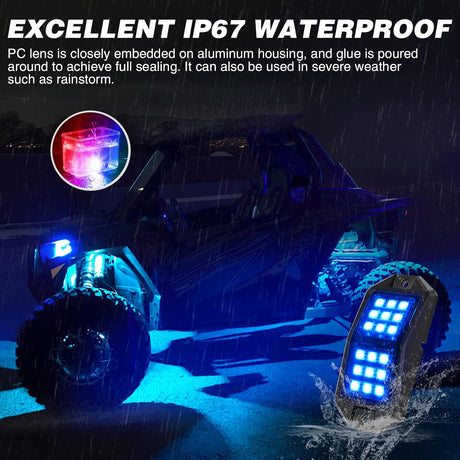 RGB Rock Lights RGB LED Rock Lights Kit 8 PCS 18LED Wide Angle Wheel Well Light with Remote & Bluetooth App Dual Control Multi Modes Underglow Multicolor Neon Pod for ATV UTV SUV Offroad Truck RZR Boat
