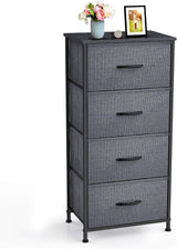 Storage Tower Units, Nightstand Dresser Organizer with 4 Drawers, Fabric Vertical, Steel Frame Wide Wood Top Small Dresser for Bedroom Hallway Entryway Closets, Easy Pull Handle, Black Grey