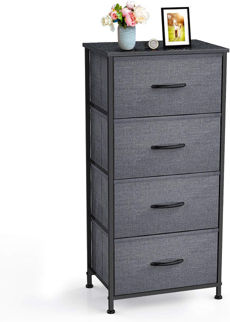Storage Tower Units, Nightstand Dresser Organizer with 4 Drawers, Fabric Vertical, Steel Frame Wide Wood Top Small Dresser for Bedroom Hallway Entryway Closets, Easy Pull Handle, Black Grey