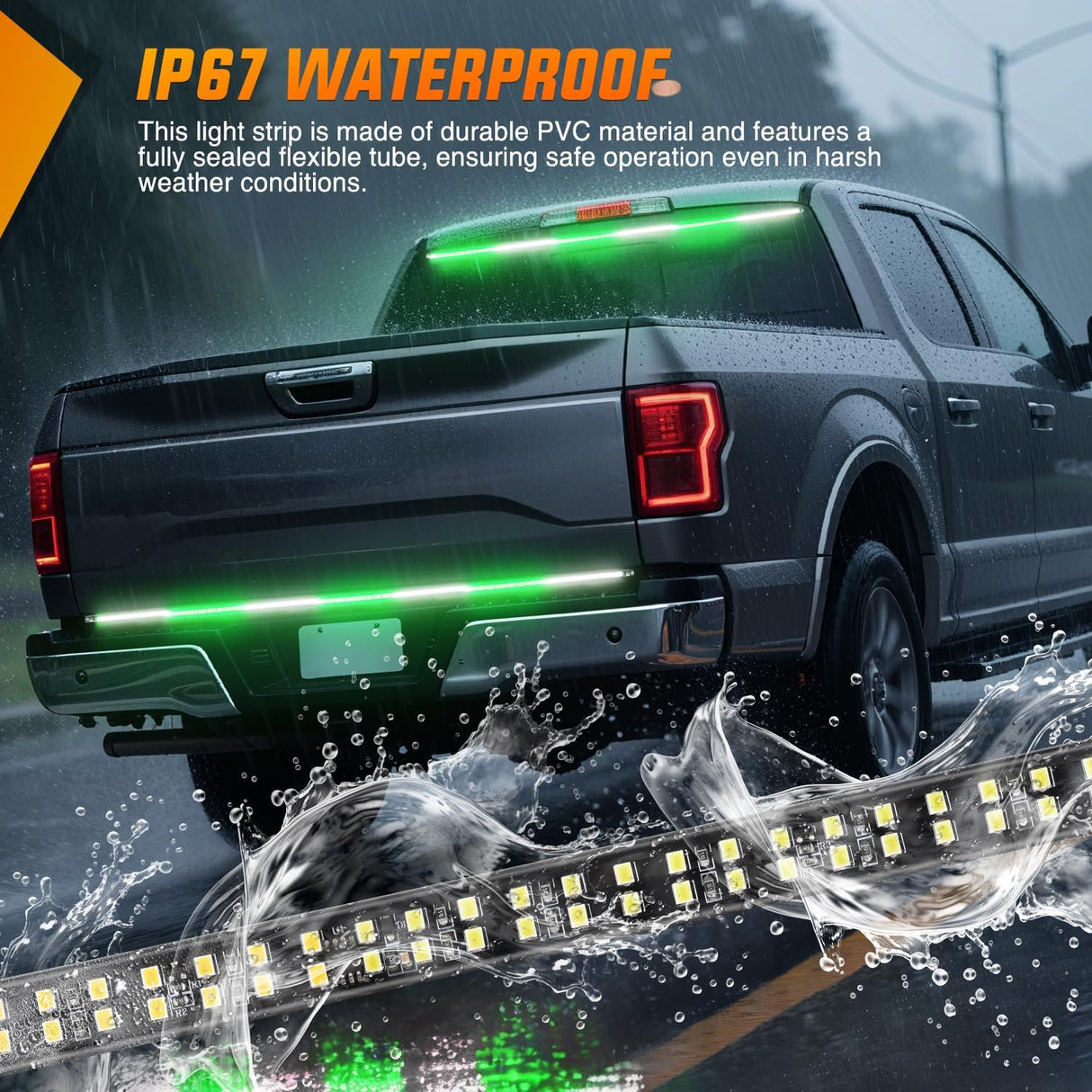 60 Inch Truck Tailgate Strobe Light Strip Tail Emergency Bar Rear Window Warning Lamp Ultra-Bright Double Row 360 LED for Pickup Trailers Construction Vehicles Car SUV, Green White
