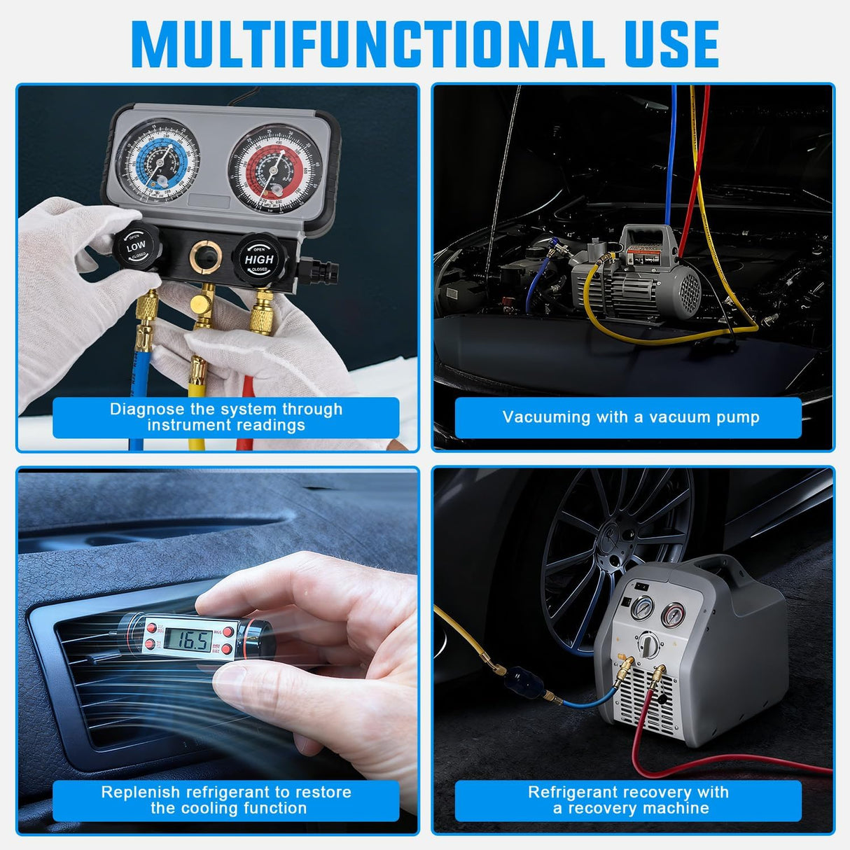 A/C Manifold Gauge Set Fits for R134a R410A R22 R404A 3-Way Auto HVAC Diagnostic Gauges Refrigerant Recharge kit with Adjustable Couplers 5FT Hoses Universal Can Tap