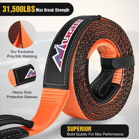3 Inch x 30 Inch Recovery Tow Strap Kit with 2Pcs 3/4 Inch Anti-Theft D-Ring Shackles and Storage Bag Heavy Duty Off Road Emergency Tow Rope for Car Truck SUV ATV (MBS 31500LBS)