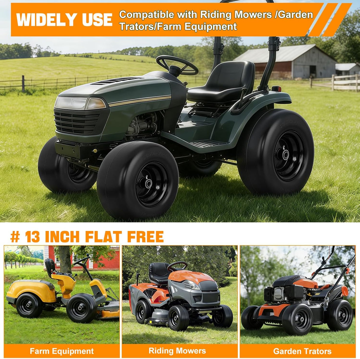13x6.50-6 Solid Lawn Mower Tires, 13 Inch Flat-Free Polyurethane Tire with 3/4 Inch Axle Bore & 3.25 Inch Hub Length, Airless Replacement Wheels for Riding Lawn Mowers, 2 Pack