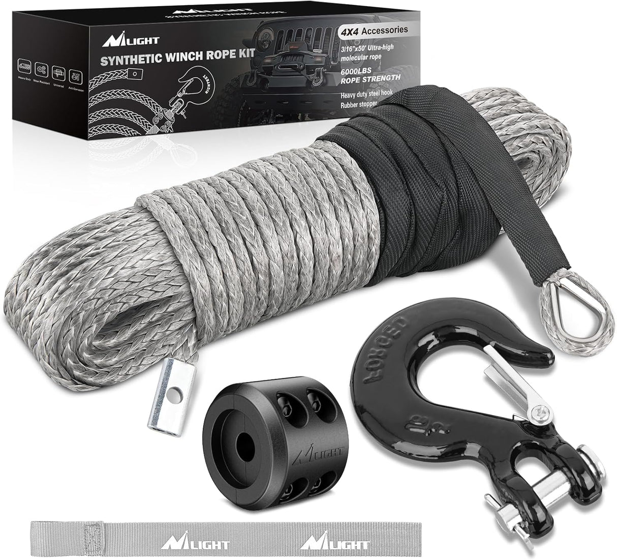 Synthetic Winch Rope Kit 3/16 Inch x 50 Feet - 6000 lbs Cable Line With Protective Sleeve, 13500 lbs Hook, Stopper for 4WD Off Road Vehicle UTV ATV SUV Truck, Grey
