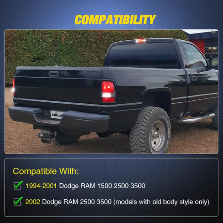 Third Brake Light Tail High Mount 3rd Stop Cargo Reverse Lights Smoked Lens Compatible with Dodge Ram 1500 2500 3500 1994 1995 1993 1997 1998 1999 2000 2001 Pickup Truck Rear Cab Lamp