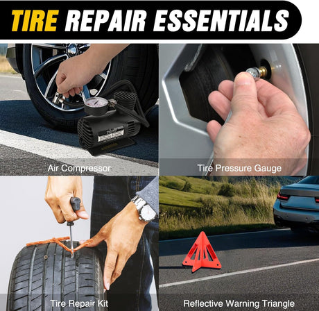 Car Emergency Kit with Jumper Cable Air Compressor Tire Repair Essential Tools First Aid Alligator Connector Electrical Kit for Travel Camping Outdoor Cars Truck SUV RV