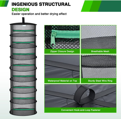 8 Layer Herb Drying Rack Hanging Mesh Net Foldable Plant Drying Racks 24 Inch w Green Zipper Pruning Shears Hook Dryer Hanging Rack for Herbs Seed Bud Fruit Clothes Grow Tent Closets Garden Outdoor