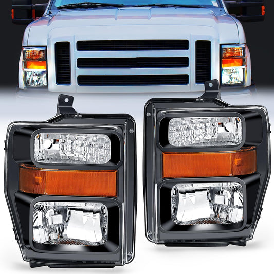 2008-2010 Ford F250 F350 F450 Super Duty Headlight Assembly Black Housing Amber Reflector Upgraded Clear Lens Nilight