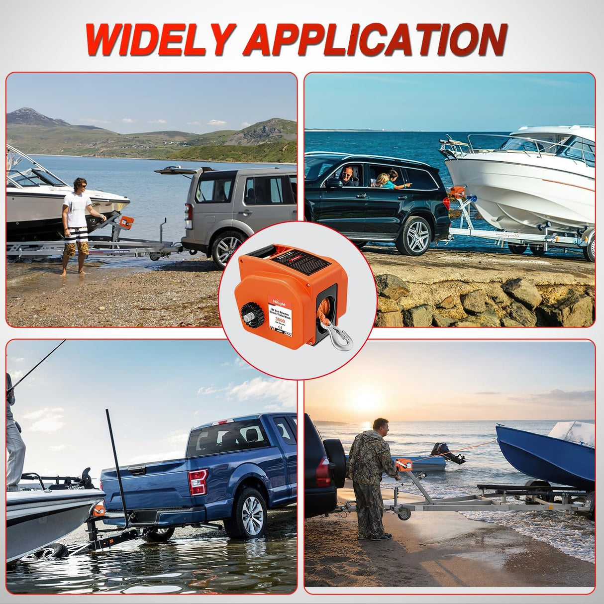 Boat Trailer Winch 3500 lbs Portable Electric Boat Winches 12 V DC Marine Winch with Synthetic Rope Remote Control Hand Crank Power-In Freewheel Waterproof Winch for Boat Trailer Towing Orange