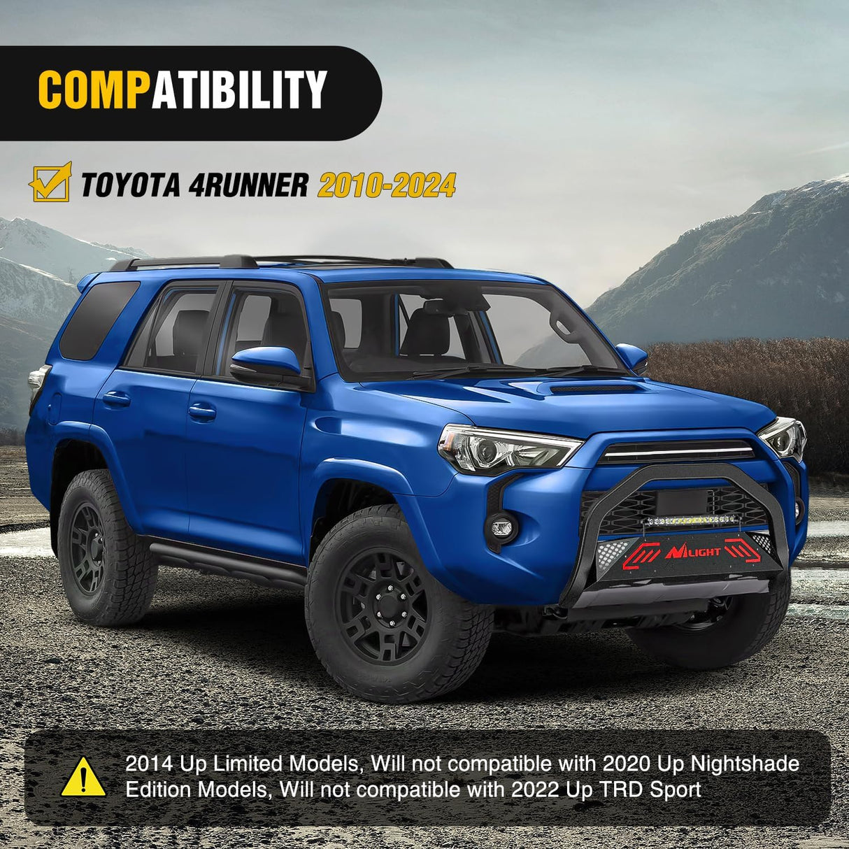 Bull Bar with Light Bar&License Plate Hole Compatible with Toyota 4Runner 2010-2024 Truck Brush Guard, Front Bumper Push Bar w/Grille Skid Plate Light Mount