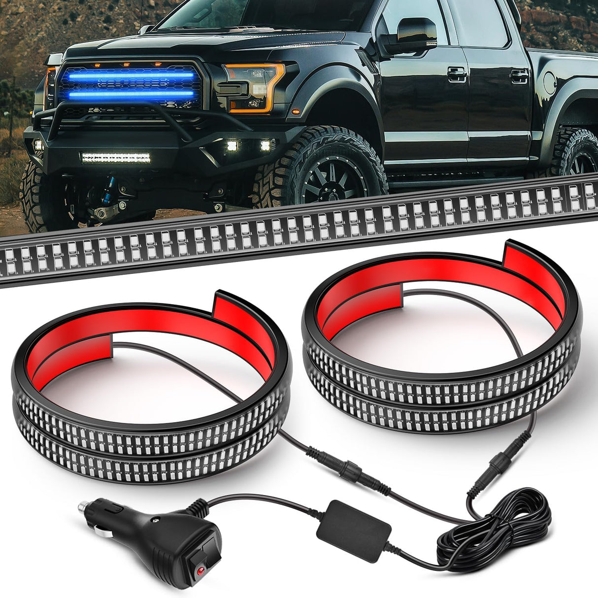 2PCS 24 inch Truck Grille Strobe Lights Strip 384 LED Emergency Light Blue Flexible Side Flashing Warning Caution Safety Waterproof Lighting Kit for Trucks Tow Plow Construction Vehicles