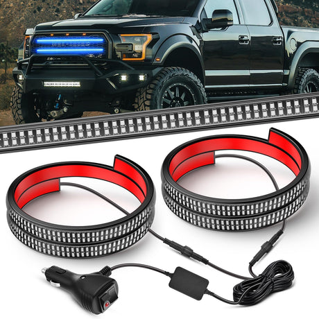 2PCS 24 inch Truck Grille Strobe Lights Strip 384 LED Emergency Light Blue Flexible Side Flashing Warning Caution Safety Waterproof Lighting Kit for Trucks Tow Plow Construction Vehicles