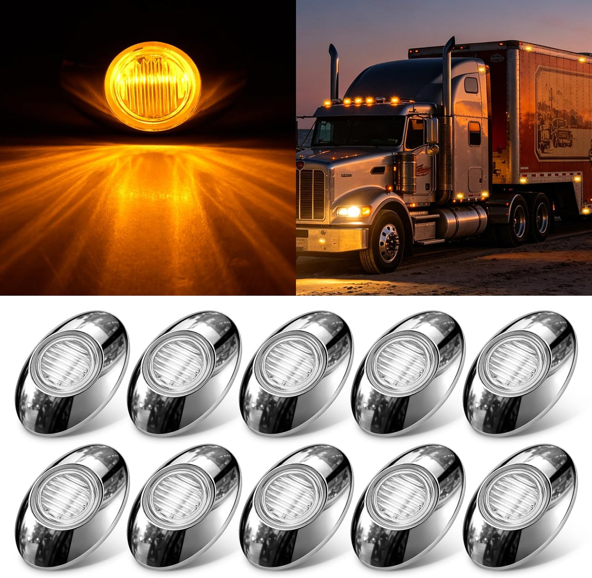3 Inch Oval Trailer Marker Light, Chrome Bezel Clear Lens Amber LED | 10 Pack IP67 Waterproof 12V Surface Mount Marker & Clearance Light, Fits Semi Trucks Trailers RVs Pickup Trucks Vans
