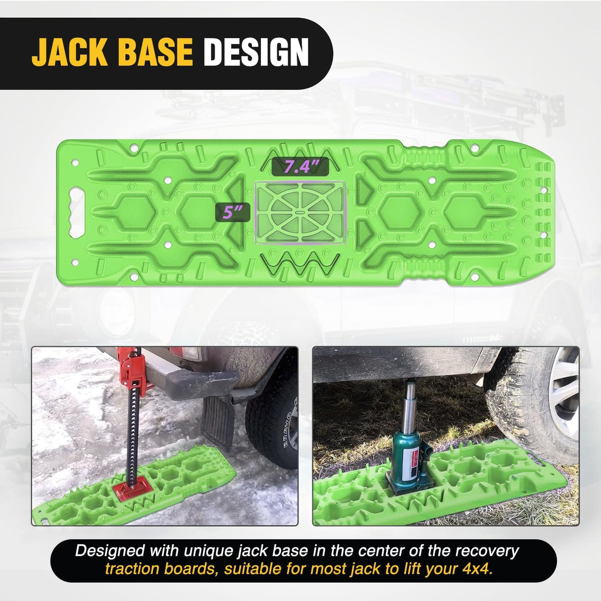 Recovery Off-road Traction Boards with Jack Lift Base Emergency Tire Ladder Mats For 4WD 4X4 Mud Sand Snow with 2PCS Mounting kit Carry Bag 2 leashes (Green)