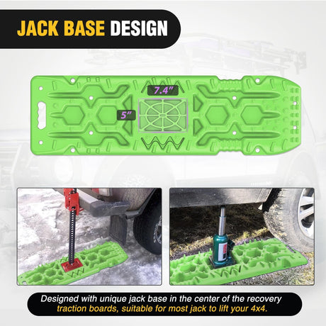 Recovery Off-road Traction Boards with Jack Lift Base Emergency Tire Ladder Mats For 4WD 4X4 Mud Sand Snow with 2PCS Mounting kit Carry Bag 2 leashes (Green)