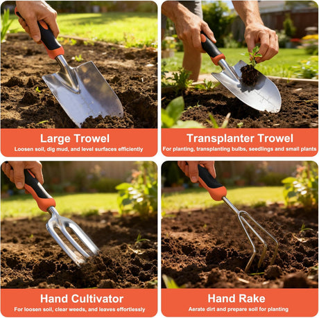 Gardening Tools 7-Piece Heavy Duty Garden Tool Set Gardening Supplies Gifts for Women Men Gardening Hand Tool Kit with Non-Slip Ergonomic Handle, Garden Bag, Pruning Shears, Black Orange