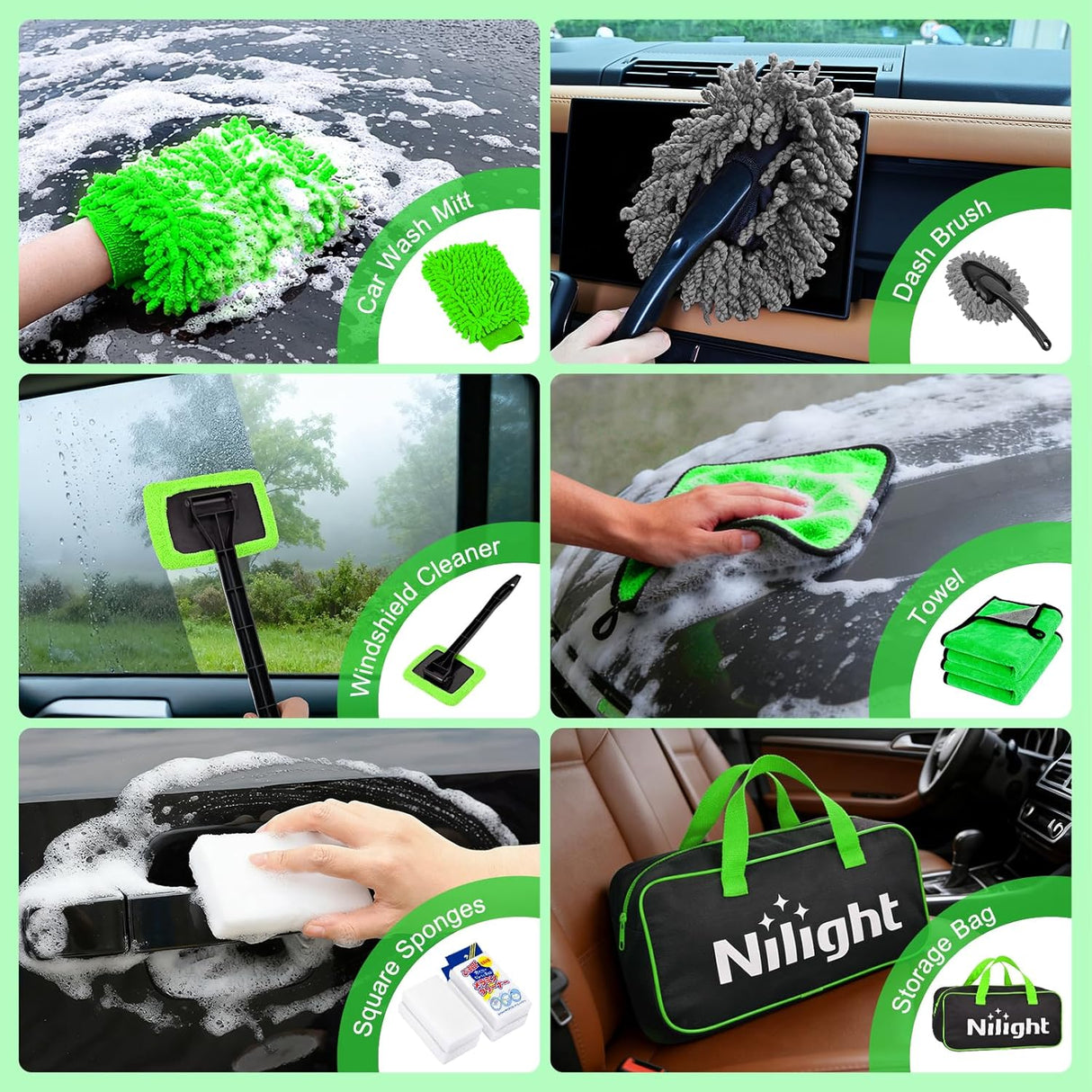 Automotive Tools 52PCS Car Detailing Kit Auto Cleaning Tools Wash Set with Storage Carry Bag Home Use for Interior Exterior Deep Clean Polish Car Care Windshield Dashboard Seat Air Vents Wheels Tires, Green