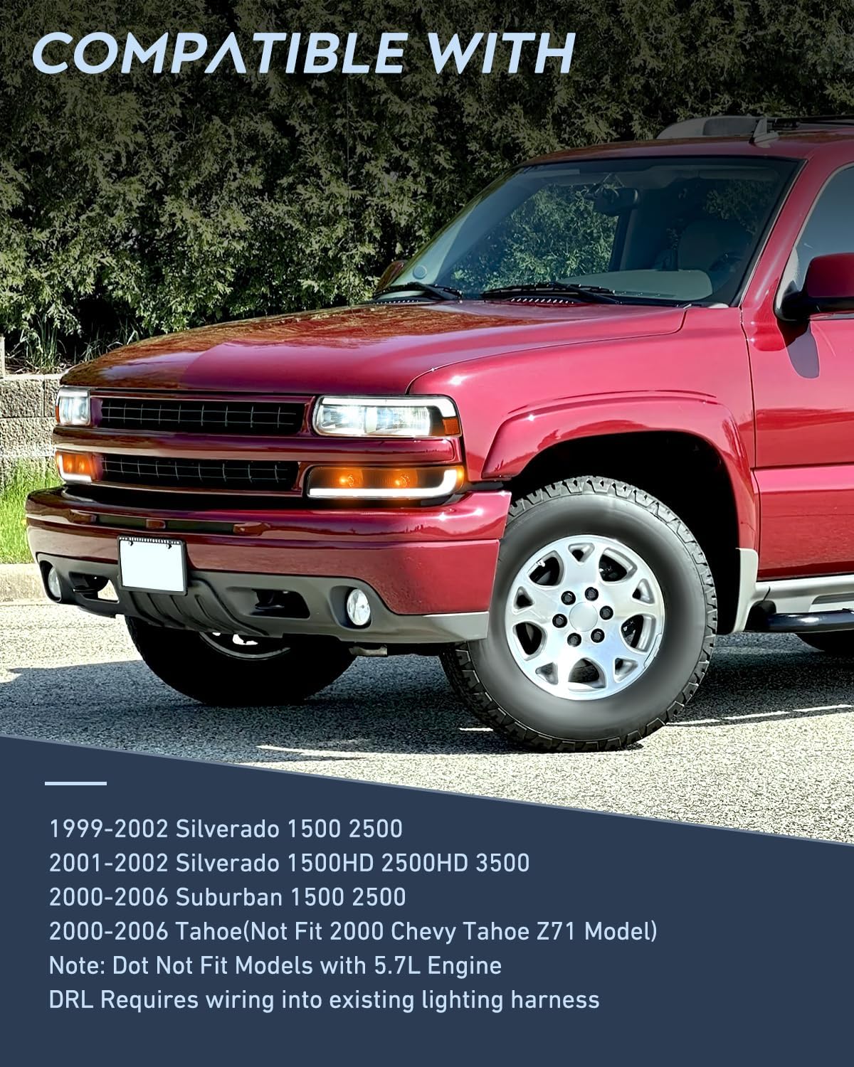 LED DRL Headlight Assembly for 1999 2000 2001 2002 Chevy Silverado 1500 1500HD 2500 2500HD 3500 Chevrolet Tahoe Suburban Replacement Headlamp Clean Lens Black Housing Amber Bumper Lights Set