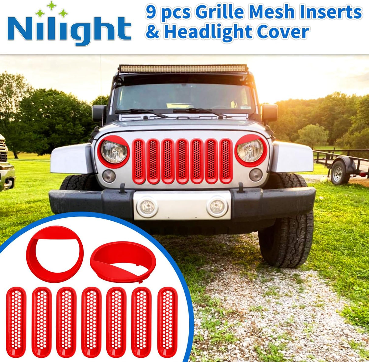 Grill Inserts fit for Jeep Wrangler Front Grille Mesh Inserts & Headlight Cover Set for JK JKU Unlimited Sports Sahara Freedom Rubicon 2007-2018 Clip-in Trim Exterior Accessories Red 9 Pcs