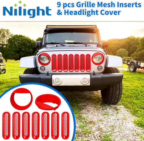 Grill Inserts fit for Jeep Wrangler Front Grille Mesh Inserts & Headlight Cover Set for JK JKU Unlimited Sports Sahara Freedom Rubicon 2007-2018 Clip-in Trim Exterior Accessories Red 9 Pcs