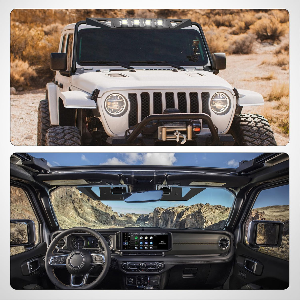 Front Windshield Frame Cover Roof Sun Visor Cowl Body Armor with 4 x LED Lights Compatible with 2007-2018 Jeep Wrangler JK JKU Unlimited, Windscreen Rack Protector Stand