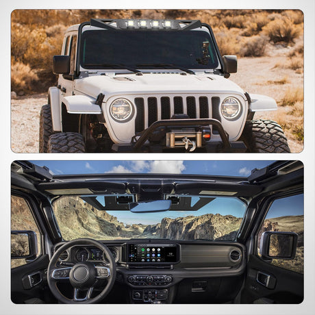 Front Windshield Frame Cover Roof Sun Visor Cowl Body Armor with 4 x LED Lights Compatible with 2007-2018 Jeep Wrangler JK JKU Unlimited, Windscreen Rack Protector Stand