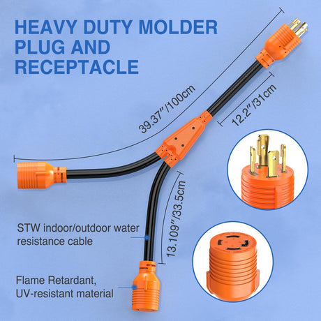4 Prong 30 Amp Generator Splitter Y Adapter NEMA L14-30P to 2 ×L14-30R 125/250V 7500W Locking Power Cable 10 AWG STW Wire ETL Listed for Manual Transfer Switch Generators RV Camper Outdoor