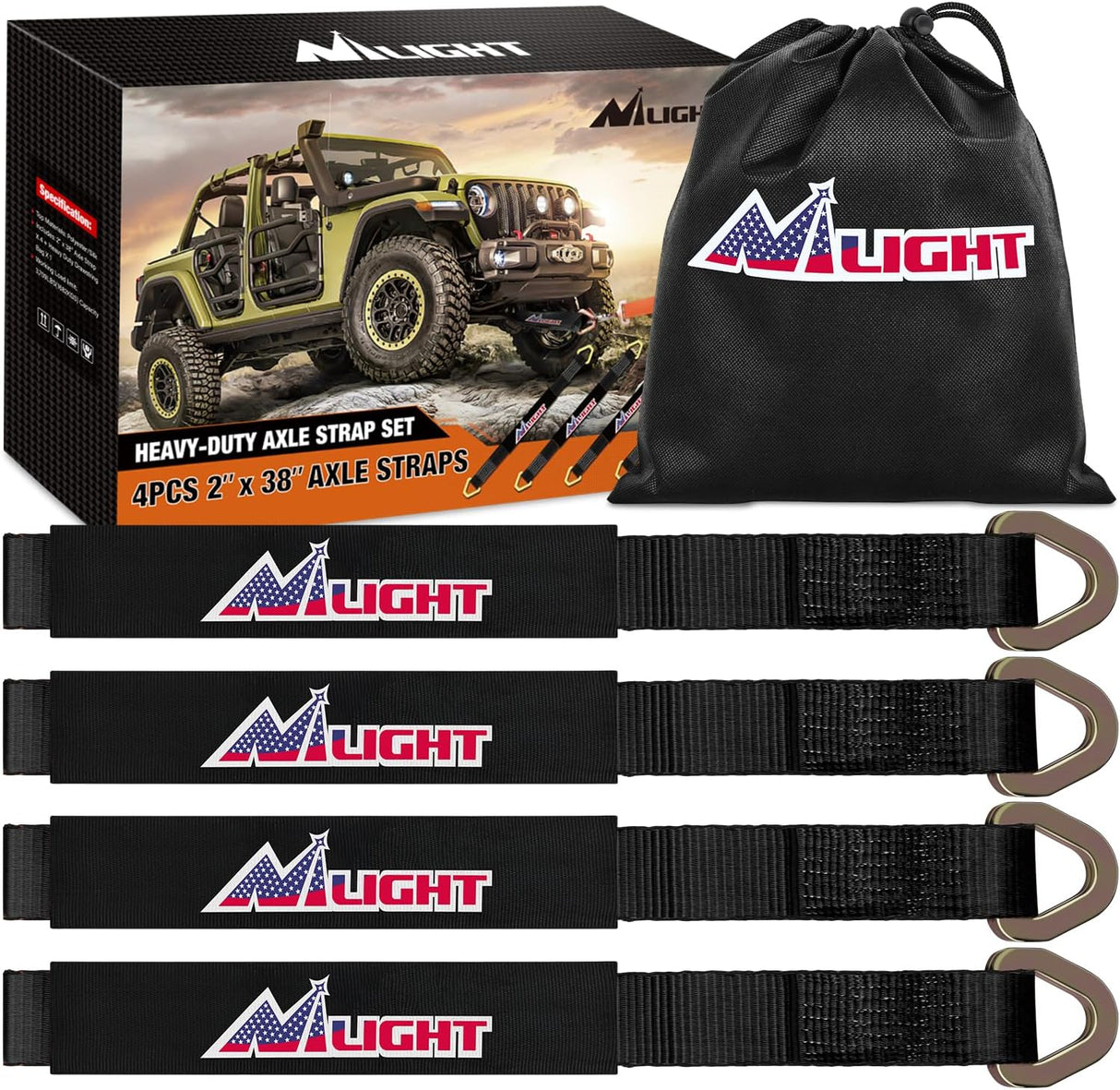 2 Inch x 38 Inch Axle Tie Down Straps with D-Rings & Protective Sleeves | 11,127 LBS Break Strength for Car Haulers Engine Hoists Trucks Trailers and UTVs 4 Pack Black