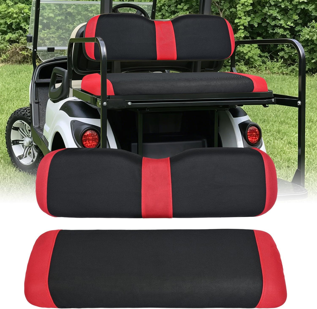 Golf Cart Rear Seat Cover 1PC Red Black Club Car EZGO Yamaha | Breathable Sandwich Mesh Sun Scratch Resistant Washable No Staple Fits Aftermarket Rear Seats for Club Car EZGO Yamaha
