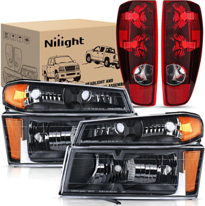 2004 2005 2006 2007 2008 2009 2010 2011 2012 Chevy Colorado GMC Canyon Headlight and Taillight Assembly Combo OE Style Black Housing Amber Reflector with Red Tail Light