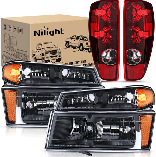 Nilight 2004 2005 2006 2007 2008 2009 2010 2011 2012 Chevy Colorado GMC Canyon Headlight and Taillight Assembly Combo OE Style Black Housing Amber Reflector with Red Tail Light